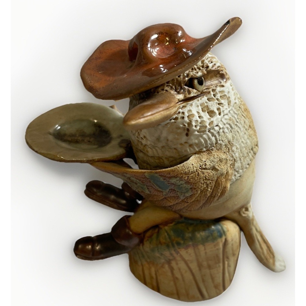 Brian Holton Vintage Clay Pottery Kookaburra Cowboy Sitting On‎ A Log  5" Tall